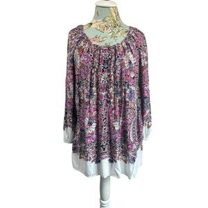 Bohemian Floral Print Rayon Tunic Top Blouse White Cuffs Smocked Neck sz 2x / 3x